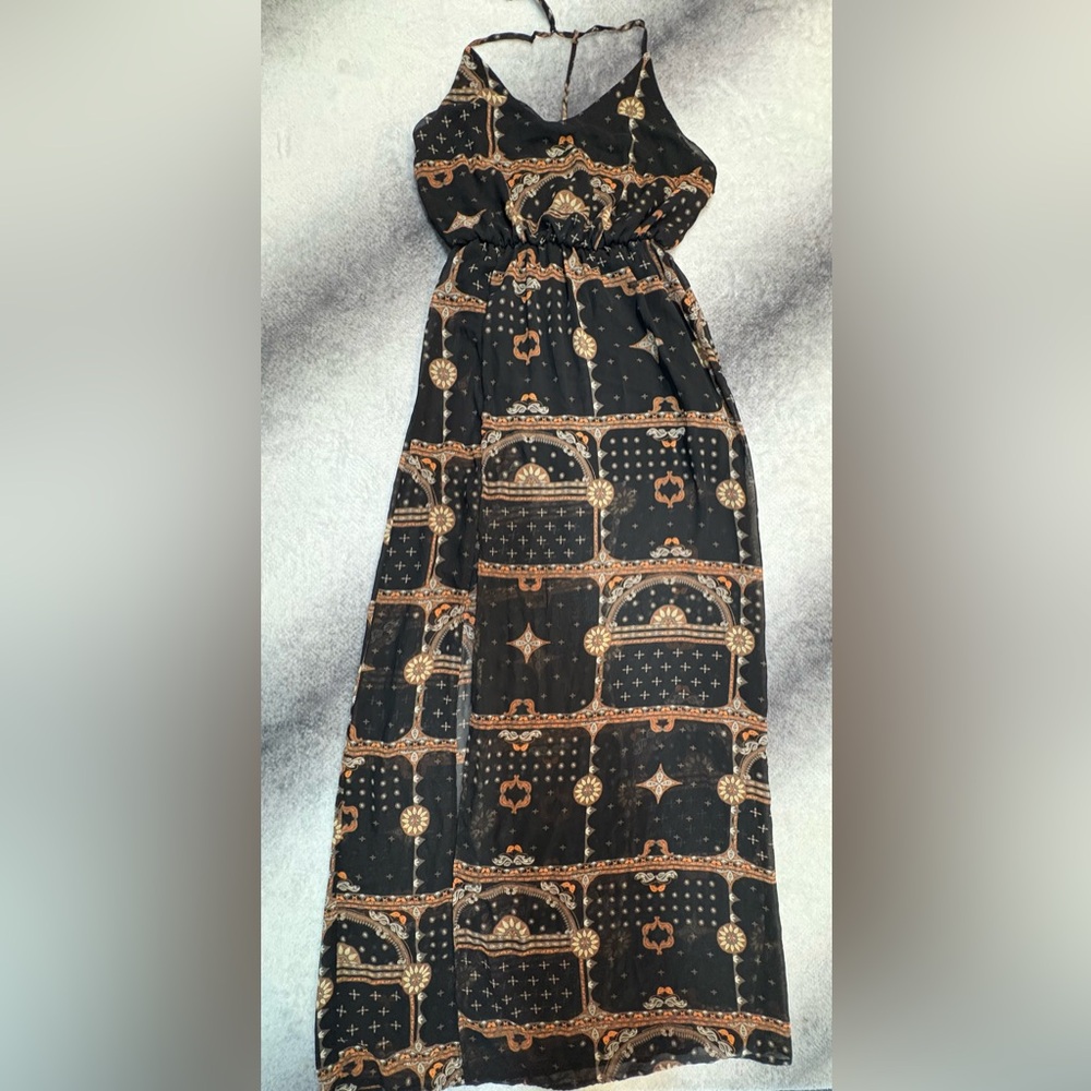 (B3) Lime N‎ Chili Black Print Adjustable Halter Maxi Dress M